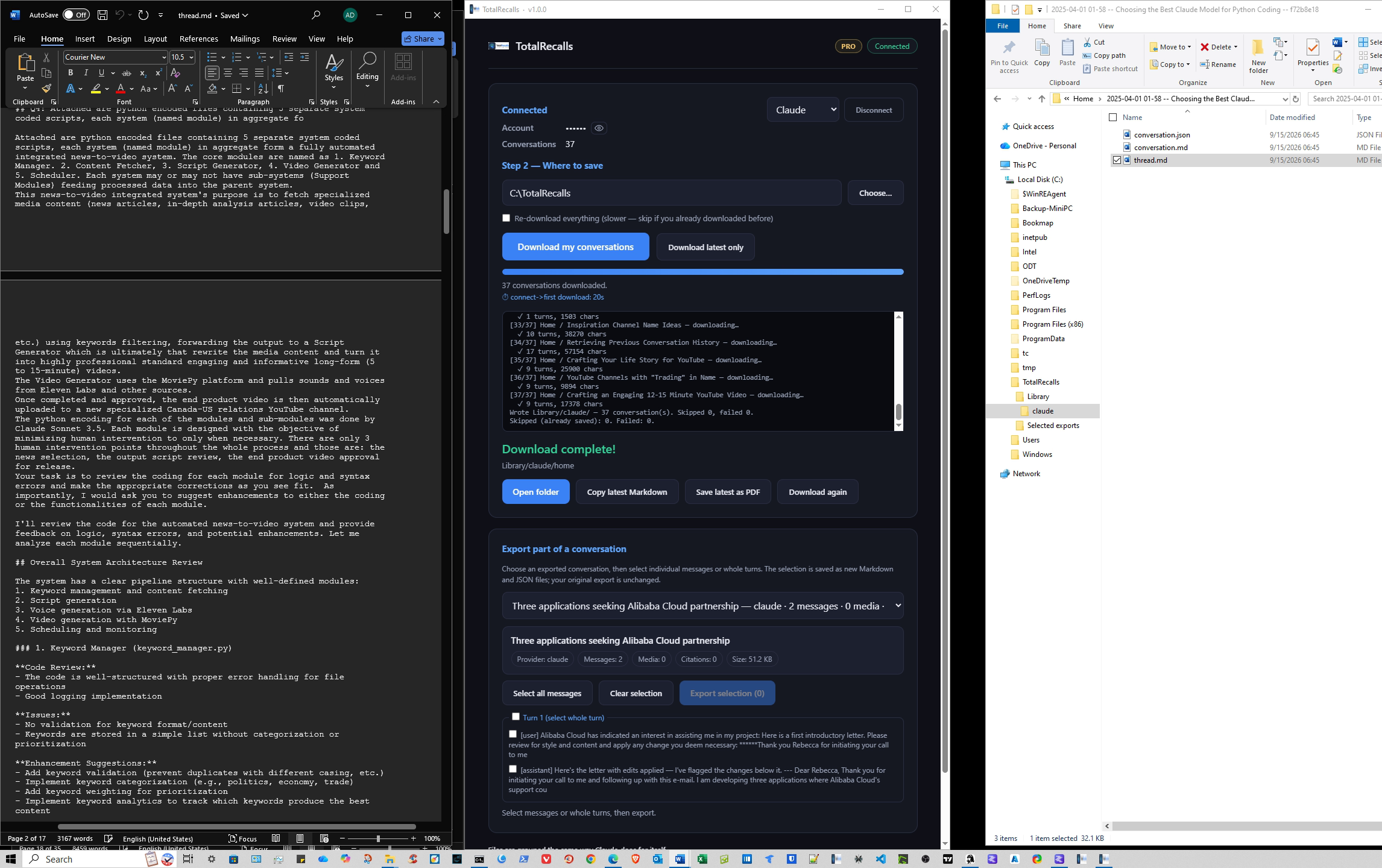 File Explorer open to the TotalRecalls Library provider folder, showing a conversation saved as one Markdown file and one JSON file