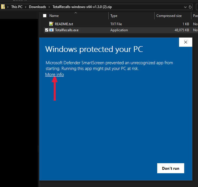 Microsoft Defender SmartScreen alert — click More info
