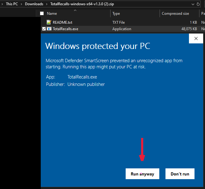 Microsoft Defender SmartScreen — click Run anyway